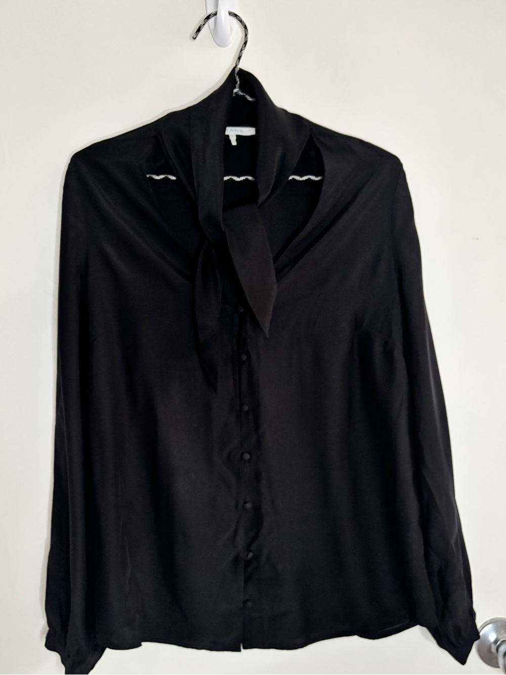 Frame Black Silk Open Tie Front Button Up Long Sleeve Blouse